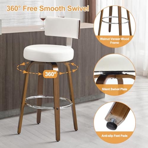 Mid Century Walnut Bar Stools Set of 4, Faux Leather Seat, 26" Height, White