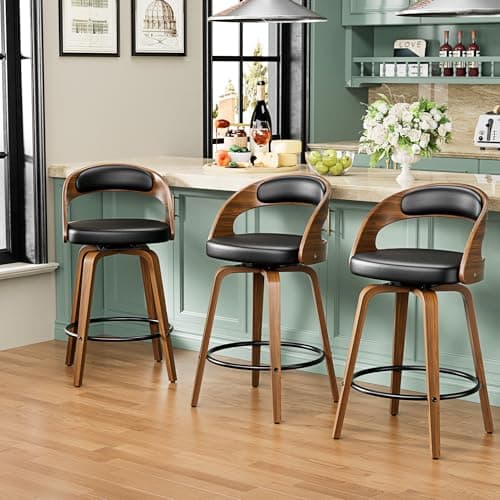 Mid Century Modern Black Swivel Bar Stool Set of 3, 26" Counter Height