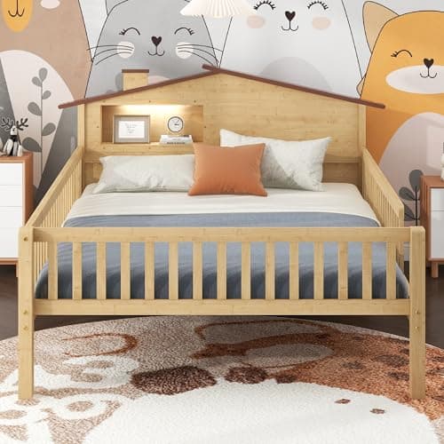 Montessori Ball & Cast Full Floor Bed Frame with Fence, White, No Box Spring Needed