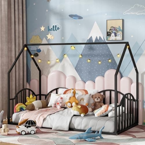 Twin Metal Floor Bed with Roof for Kids, No Box Spring Needed, Black