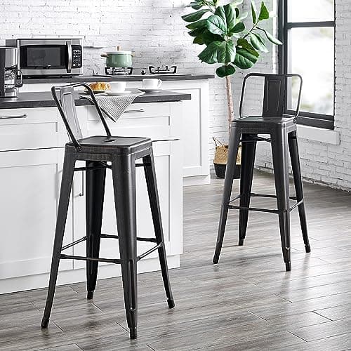AC Pacific Rustic Country Metal Barstool Set of 2, 30" Seat, Distressed Black