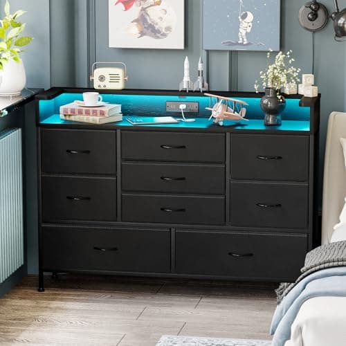 Black LED Dresser with 9 Drawers and Charging Station for Kid's Room or Living Space