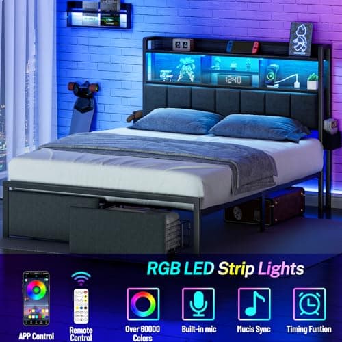 Furnulem Full Size Bed Frame with Storage & Charging, LED Lights, Black