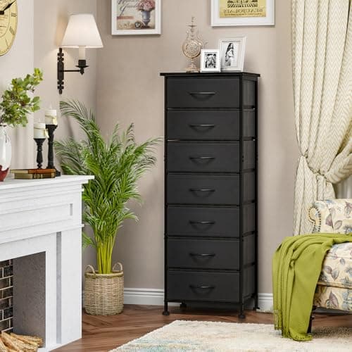 Black Tall Dresser with 7 Fabric Drawers for Bedroom