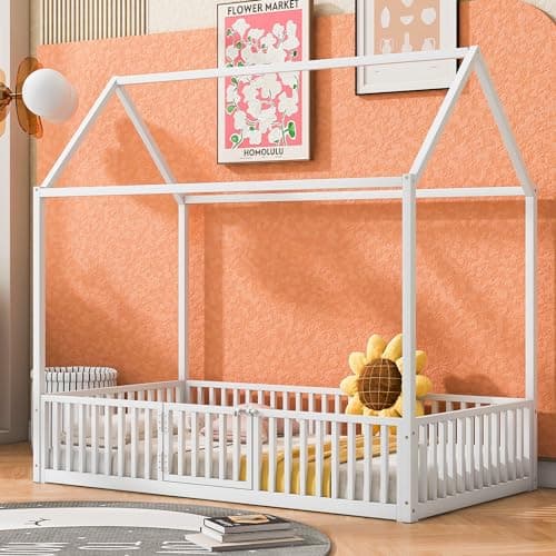 Merax Full Size Montessori Metal House Bed with Roof, White