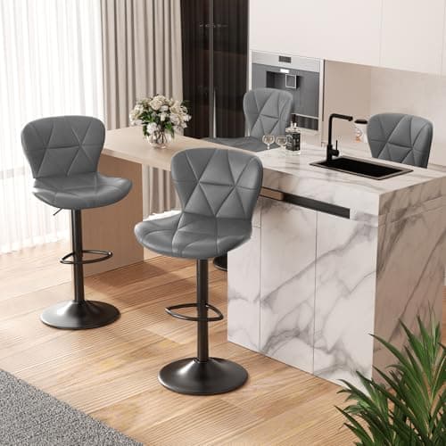 Dark Grey Adjustable Faux Leather Bar Stools, Counter Height Swivel Chairs with Back for Kitchen Island