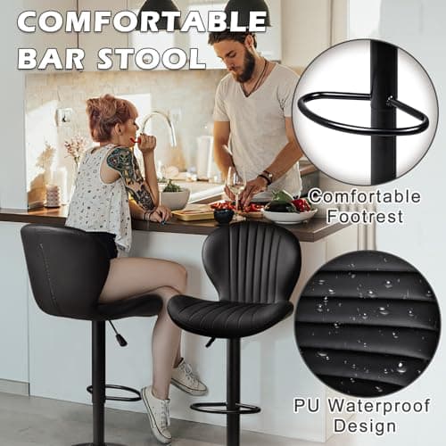 PUKAMI Counter Height Bar Stool Set, Adjustable with Footrest & Back (Black, Set of 4)