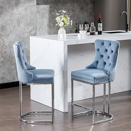 i-POOK Set of 2 Velvet Bar Stools with Metal Legs, High Back Design for Kitchen Island or Pub, Gray