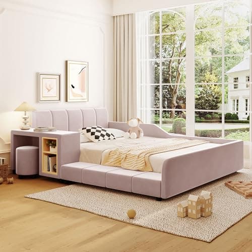 Beige Velvet Upholstered Queen Bed with Desk & Stool, No Box Spring Required