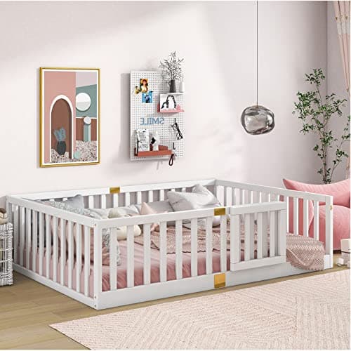 Tatub Full Montessori Floor Bed, Solid Wood, High Rails, Door Install Left or Right, Full-White