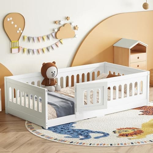 Montessori Twin Size Floor Bed with High Fence & Door (Gray)