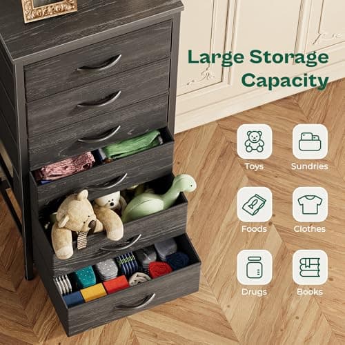 Charcoal Black Wood Grain Print Tall Dresser with 6 Drawers & Metal Frame