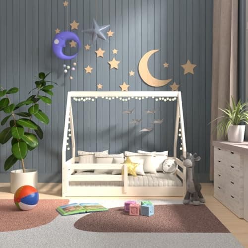 Toddler Size Montessori House Bed, Solid Pine Wood, White