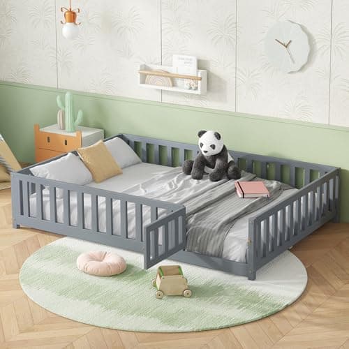 Bellemave Full Size Montessori Bed Frame with Door, Fence & Natural Wood