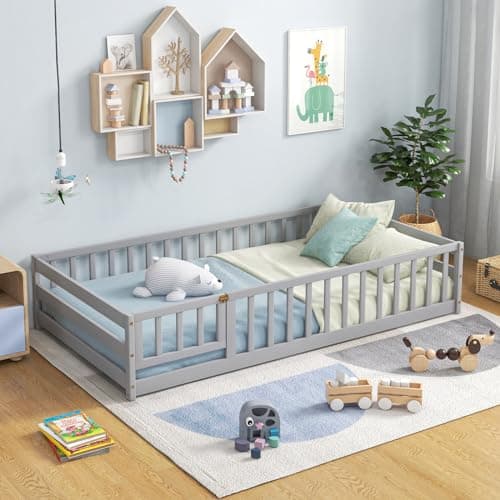 Giantex Safety Floor Bed Twin with Door & Fence (Grey)