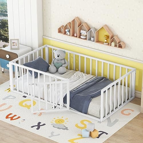 Full Size Metal Fence Bed with Door, Versatile Montessori, No Box Spring Needed, Easy Install, White