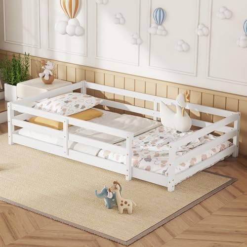 White Full-Size Montessori Floor Bed with Fence and Door