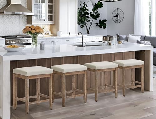 White Counter Height Bar Stools Set of 4, Faux Leather Seat, Wood Legs, 24" High