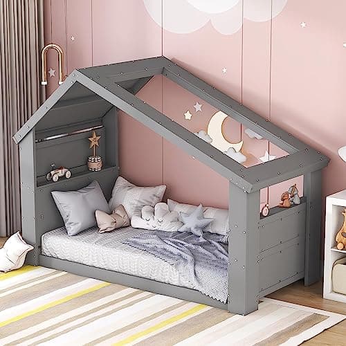 Solid Wood Platform Bed for Boys and Girls with Guardrails and Door Playhouse, Gray