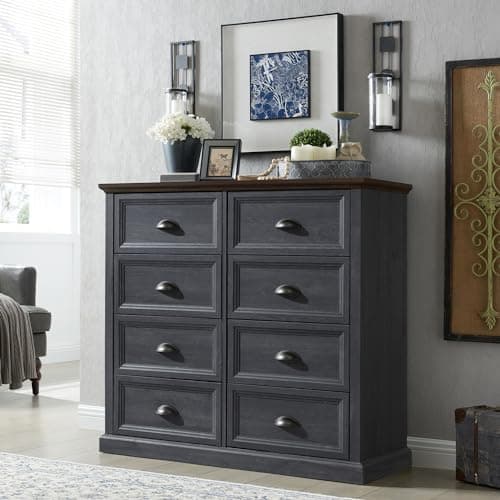 Rustic Dark Grey Farmhouse 8 Drawer Dresser, 39" Tall, Wood Organizer Storage