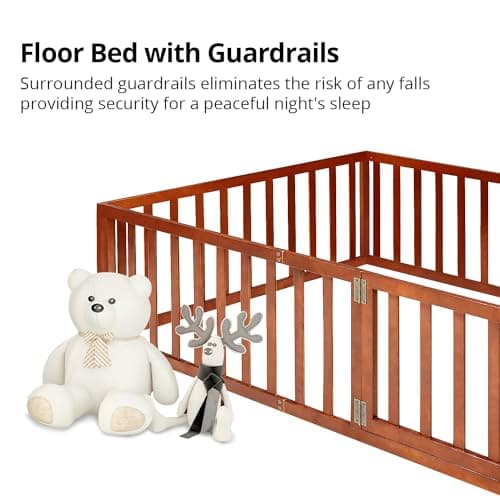 Wood Montessori Floor Bed for Kids, Twin Size with Fence & Door, Walnut