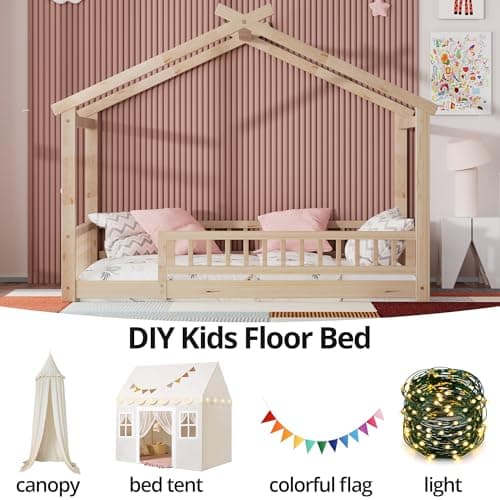 Twin Size Wooden Montessori Bed with Guardrails & Roof, No Box Spring Needed,Natural