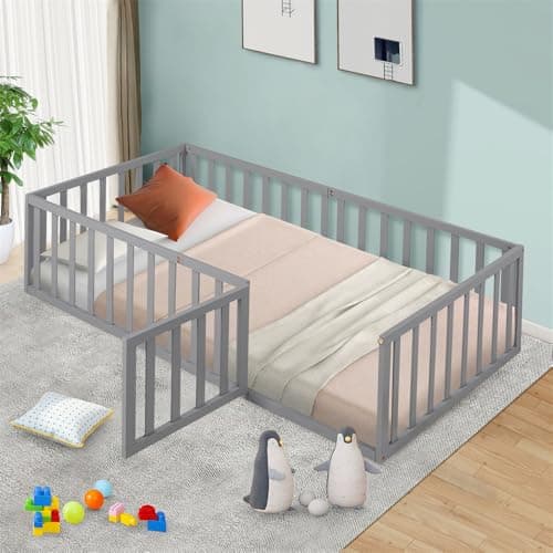 Montessori Floor Bed for Kids, Queen Size with Fence & Door - Walnut