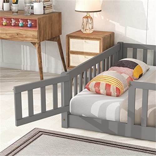 Full Size Montessori Floor Bed with Fence & Door for Children, Gray