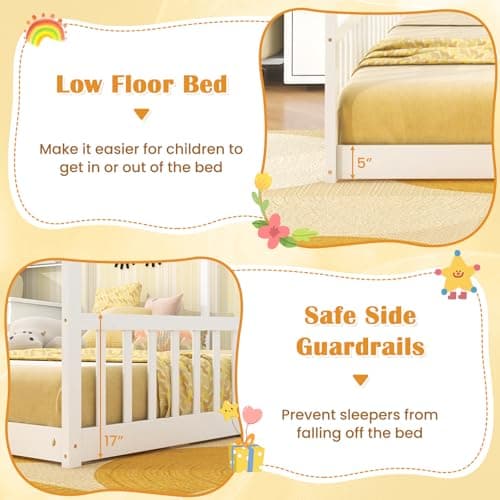 Giantex Double Twin Floor Beds, Wood Montessori with Fence & Roof, White