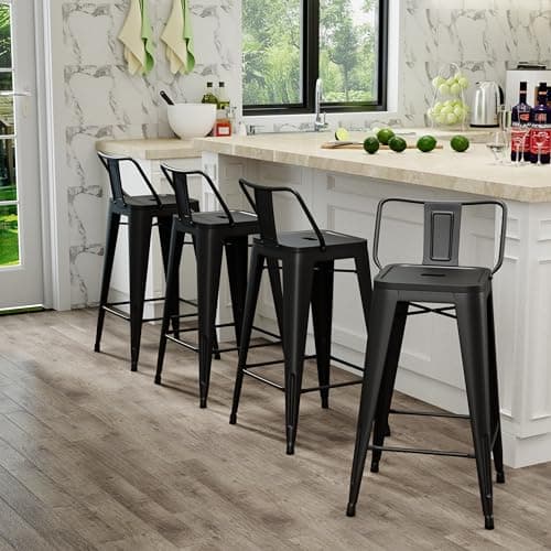 Industrial Matte Black Bar Stool Set of 4 Counter Height Kitchen Island Chairs