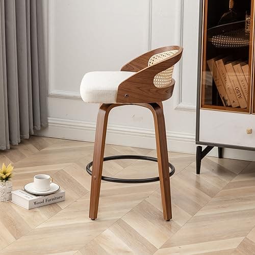 Mid-Century Modern Beige Rattan Swivel Bar Stool Set, 26" Walnut Finish