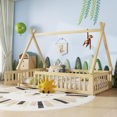 Montessori Full Size Wood Teepee Floor Bed with Slats and Guardrails