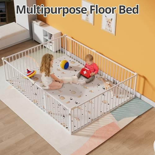 Montessori Metal Floor Bed for Kids with Door & Safety Guards, White