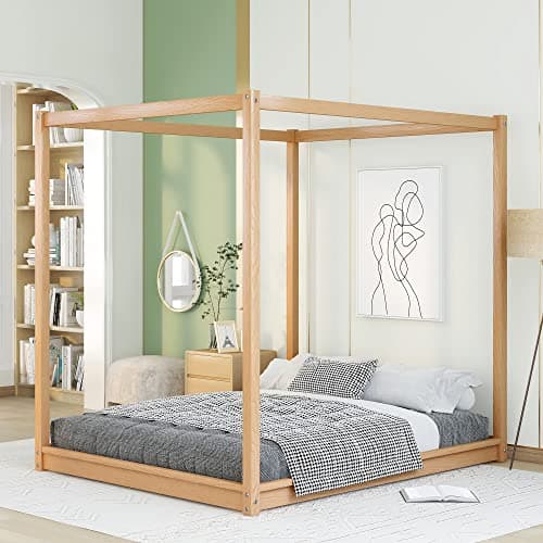 Merax Modern Queen Size Wood Canopy Bed - No Box Spring Needed/EasyAssembly