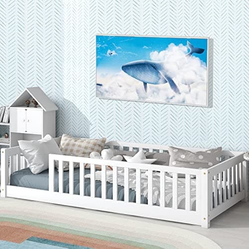 Tatub Twin Floor Bed for Kids with Safety Guardrails, Wood Frame, Twin-White