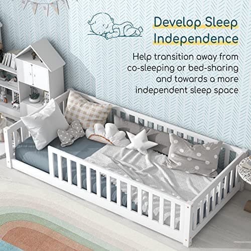 Tatub Twin Floor Bed for Kids with Safety Guardrails, Wood Frame, Twin-White