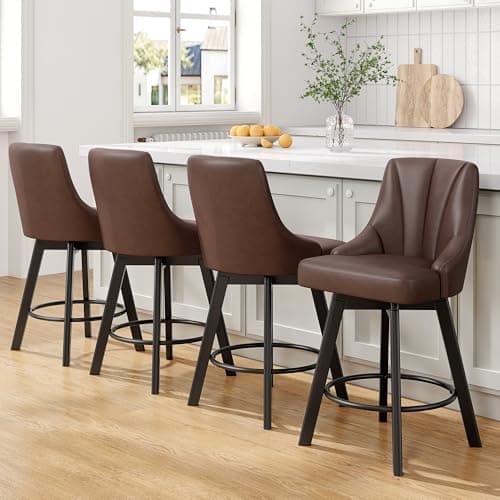 24" Brown Leather Bar Stools with Back, Solid Wood Legs for Kitchen Island