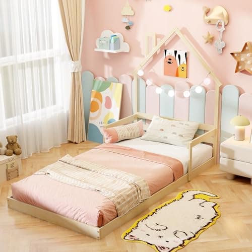 Giantex White Wood Floor Bed for Kids with Chimney Headboard & Handrail