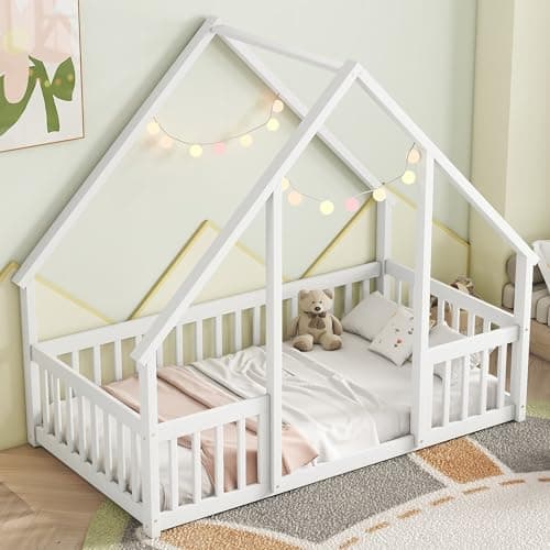 Bellemave Full Size Montessori Floor Bed for Kids, White with Fence