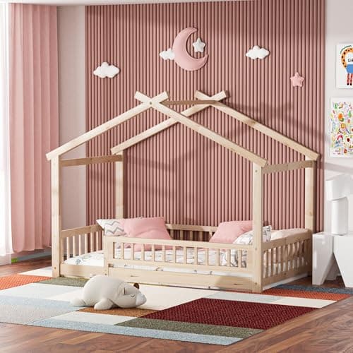 Twin Size Wooden Montessori Bed with Guardrails & Roof, No Box Spring Needed,Natural