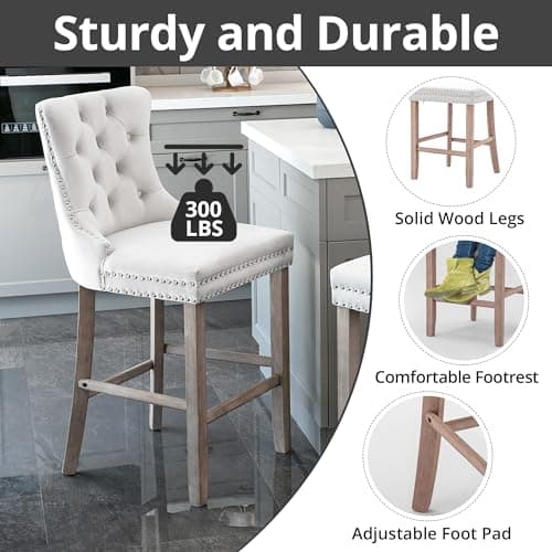 Set of 2 i-POOK Velvet Bar Stools with Button Tufting and Solid Wood Legs, White