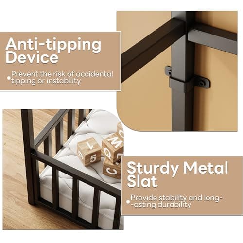 LIKIMIO Twin Metal House Bed with Roof & Fence Guardrails, Black
