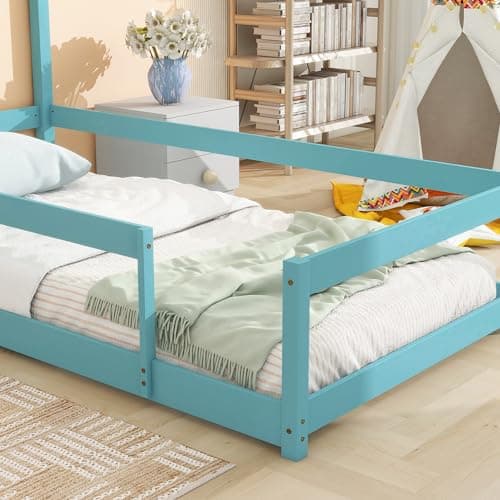 Pine Wood Twin Floor Bed with Safety Guardrail & House Headboard for Kids