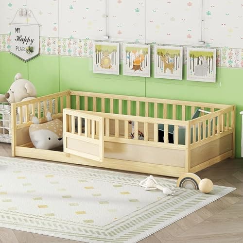 KEIKI Twin Montessori Floor Bed with Fence & Door, White