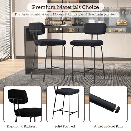 2-Piece Black Fabric Bar Stool Set, 26", Counter Height Kitchen Chairs