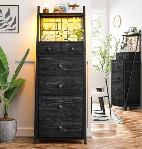 Tall Black Vertical Dresser with LED Lights for Bedroom