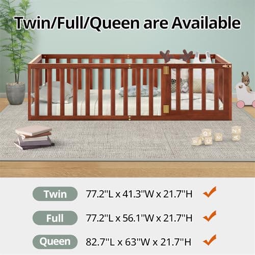 Montessori Floor Bed for Kids, Queen Size with Fence & Door - Walnut