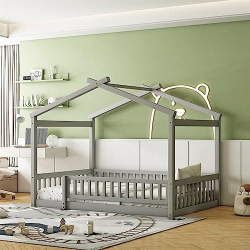 Full Size Wood Montessori Bed with Roof and Fence-Shaped Guardrails, Gray