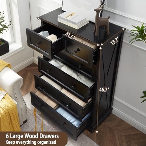LDTTCUK 6-Drawer Farmhouse Dresser for Bedroom and Living Spaces, 48-Inch Tall, Black