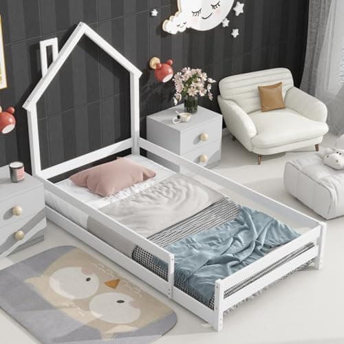 Montessori Twin Wooden Floor Bed with House-Shaped Headboard and Fence Guardrails, White
